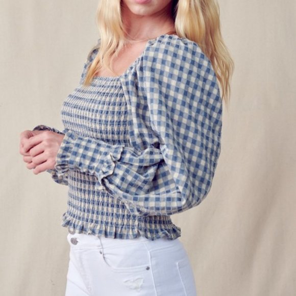 &merci Gingham Square Neck Smocked Balloon Sleeve Top - Picture 3 of 5